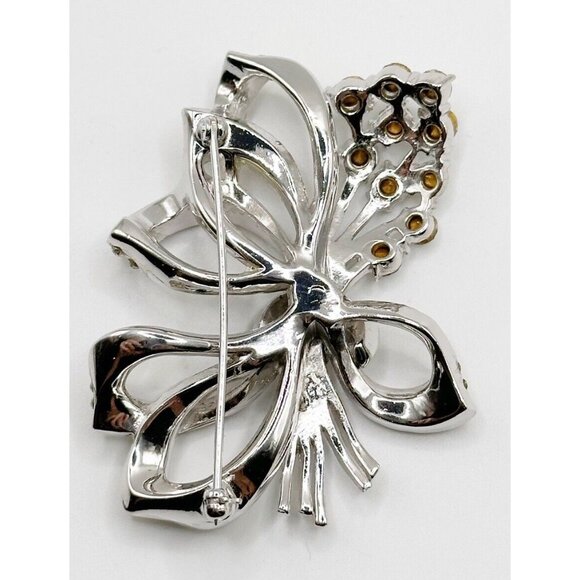 Vintage Pin BROOCH CRYSTAL‎ CLEAR RHINESTONE Silver Tone Flower Bouquet Bows - Picture 2 of 2